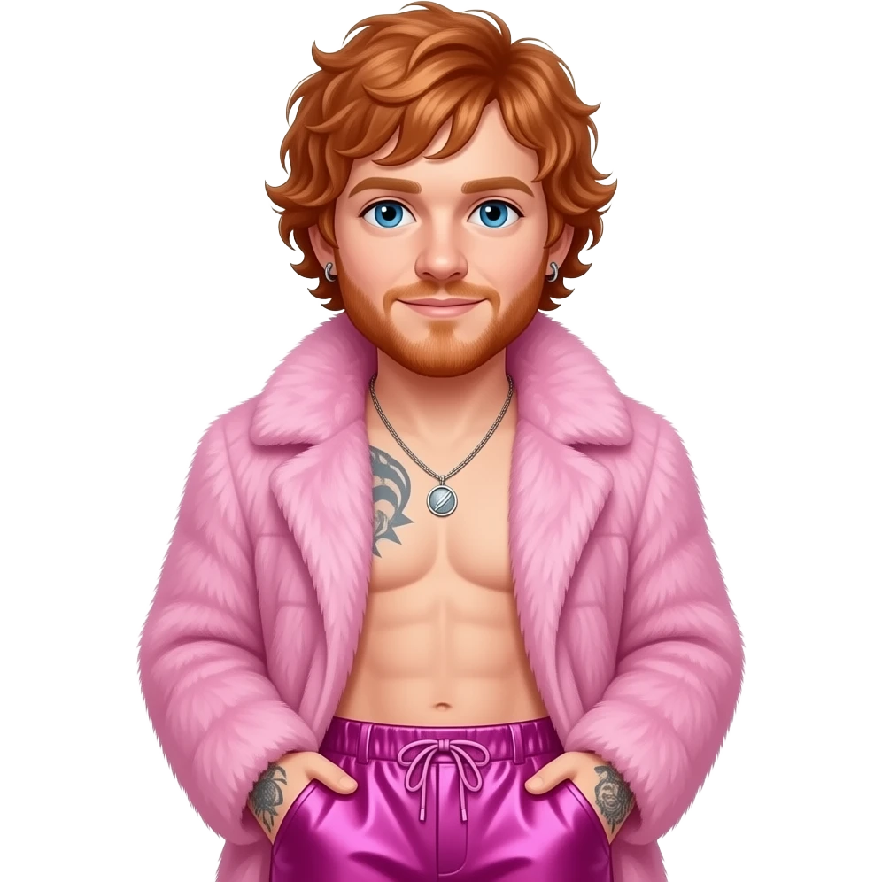 Ed Sheeran with blue eyes, red hair, pink fur coat, hot pink metallic baggy pants, shirtless with necklace and earrings emoji