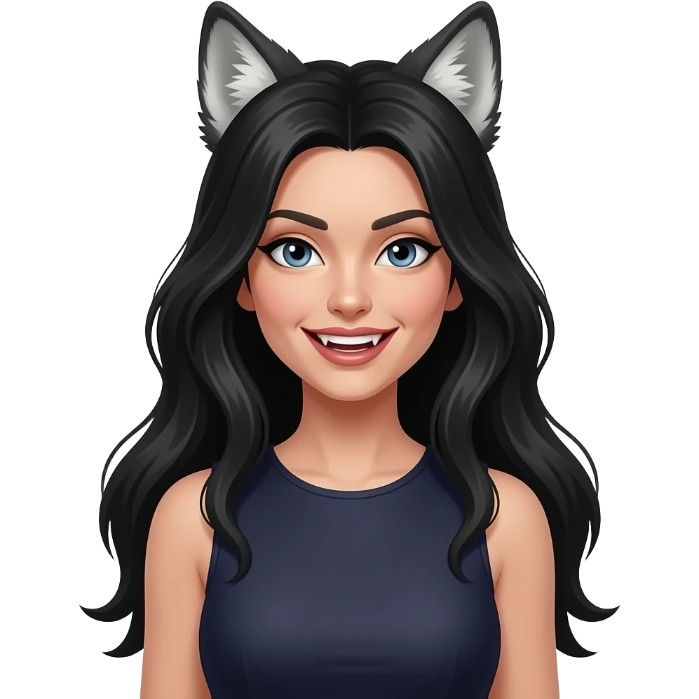 Female lycan portrait, long black hair, wolf ears, fang smile, sleeveless dark dress, dark fantasy style emoji