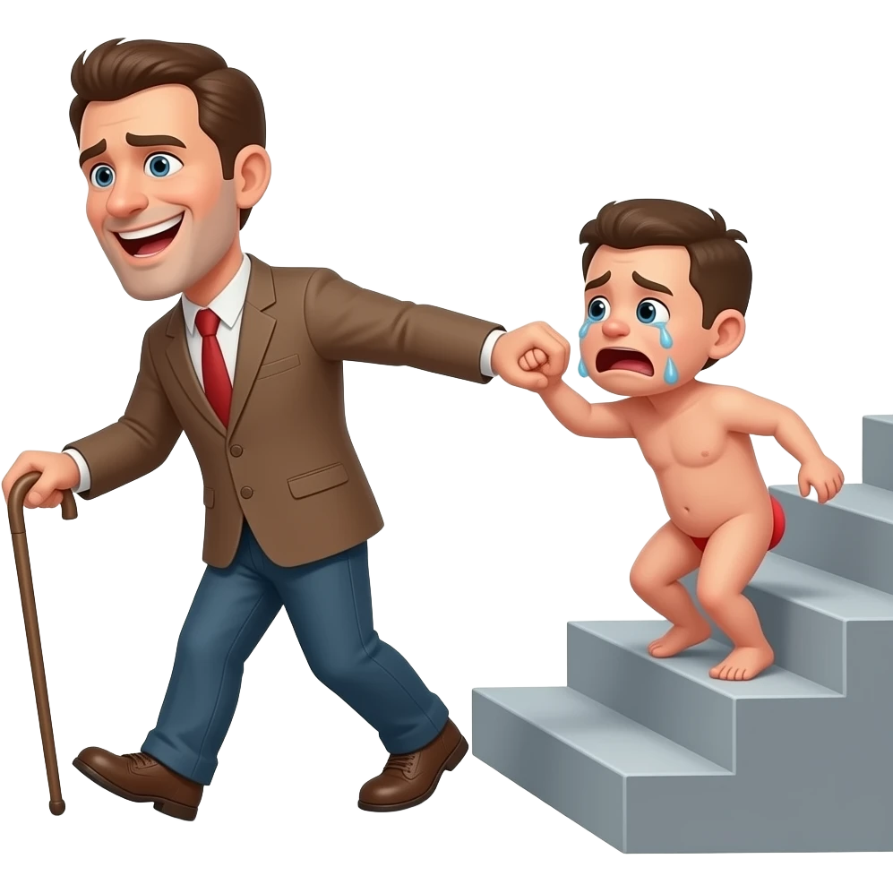 A cruelly smiling clothed man with a thin cane is marching a small, crying, naked man up a flight of stairs by the ear, his red buttocks are very bruised. emoji