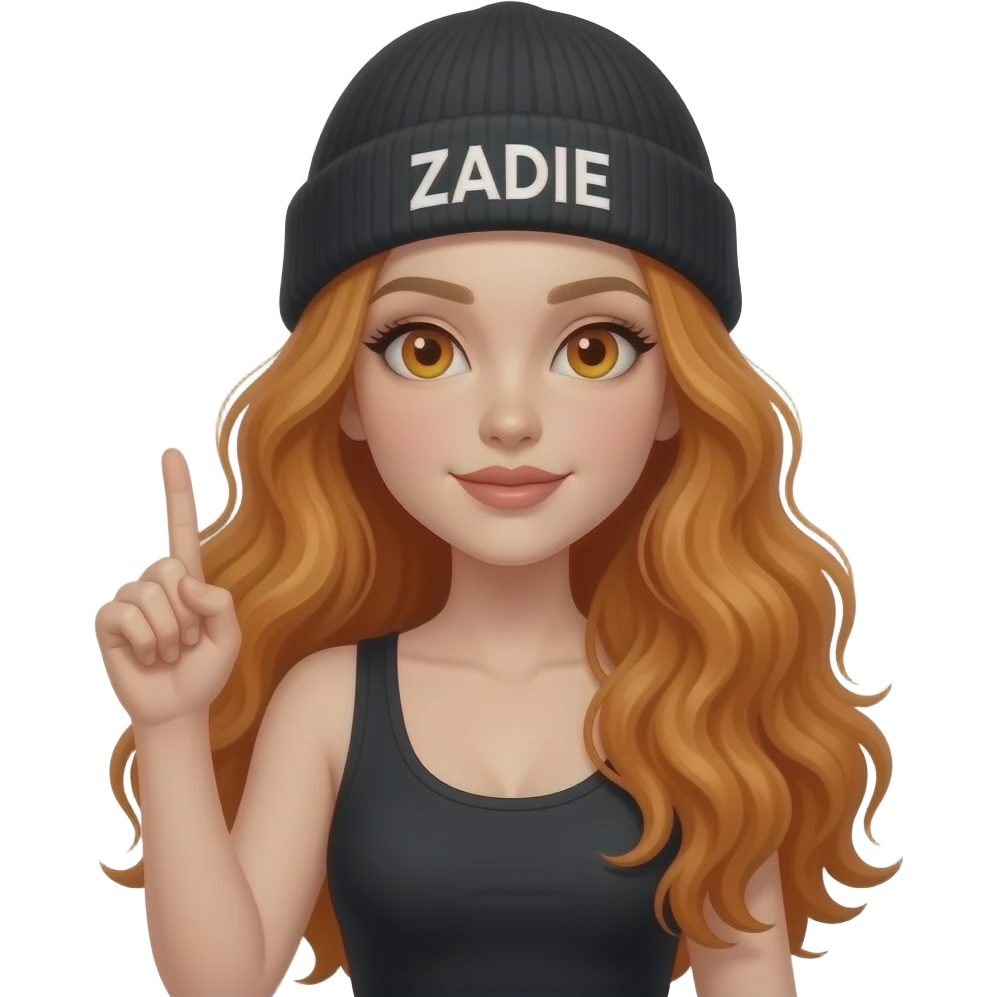 sexy girl with overlong wavy ginger hair and ginger eyes wearing a black tanktop and a black beanie with ZADIE written on it,  is putting one finger in the air emoji