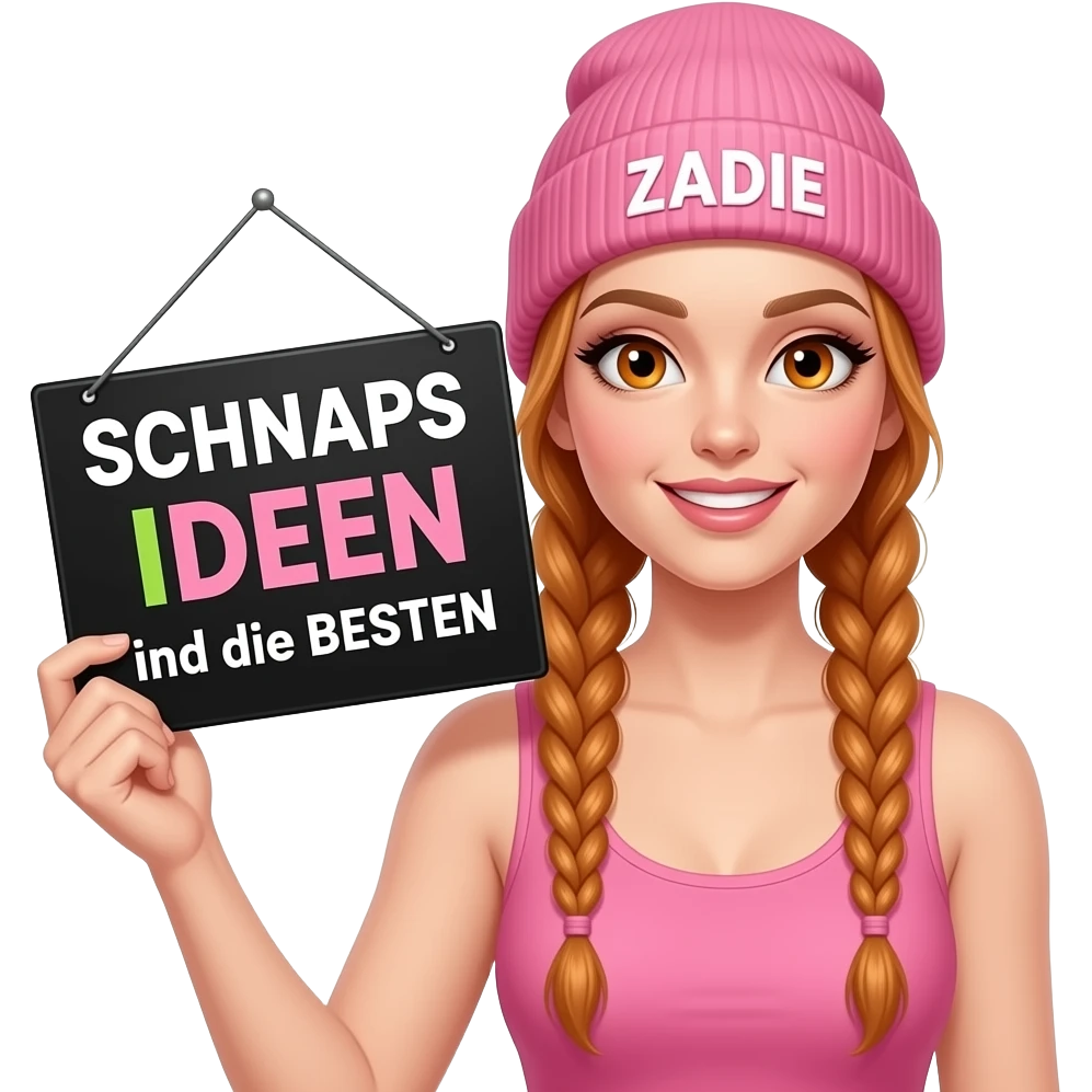 sexy girl with overlong ginger braids and ginger eyes wearing a pink tanktop and a pink beanie with ZADIE written on it, is holding a black sign with SCHNAPS IDEEN sind die BESTEN written on it emoji