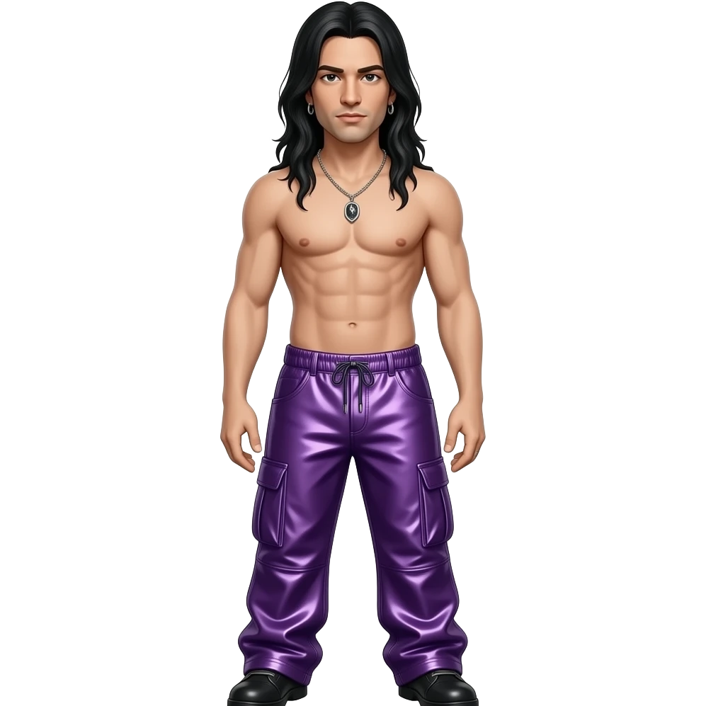 Jonathan Davis from behind with long black hair, purple metallic baggy pants, shirtless with necklace and earrings emoji