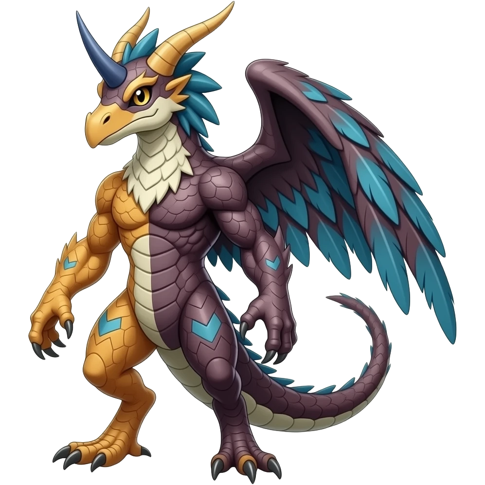Raptorik scaley feathery horned Amaura-Wargreymon-Aurorus-ExVeemon-WereGarurumon-Pokémon-Fakémon-hybrid-fusion-creature, full body emoji