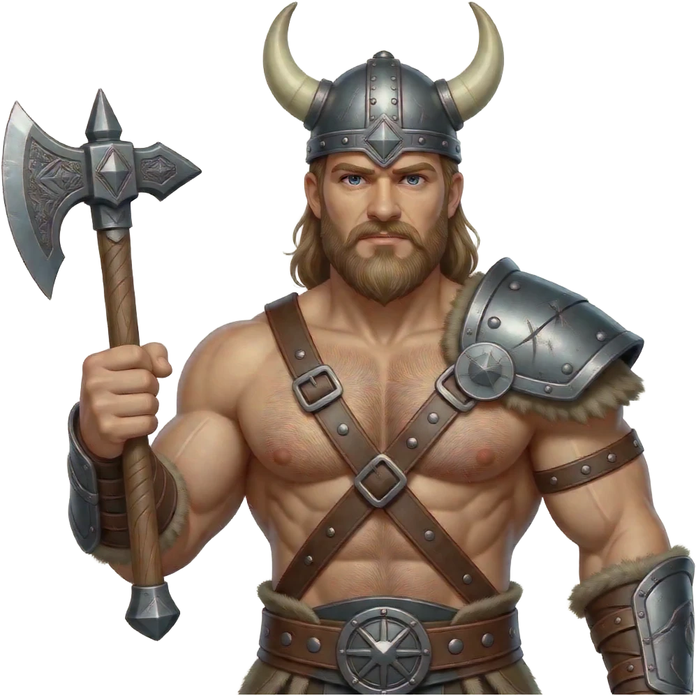 Nahaufnahme von einem Vikinger mit nackten muskulösem körper und einer behaarten und kräftigen männlichen Brust, mit Leder Riemen und Schulterpanzer aber ohne Gürtel. Er schwinkt eine Axt mit seiner rechten Hand und trägt ein Helm mit Hörnern und Bart emoji