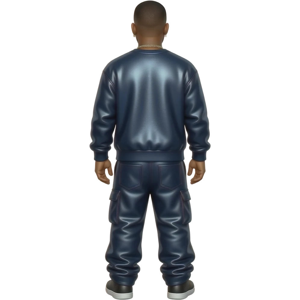 Jay-Z from behind with dark blue metallic sweatshirt, dark blue metallic saggy pants, necklace and earrings emoji