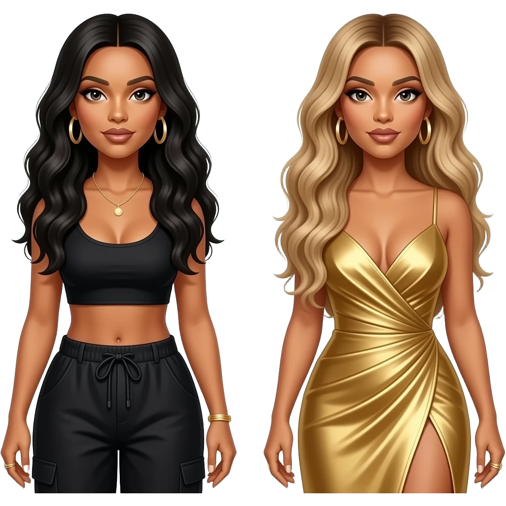 Aaliyah with long black hair, black crop top, black baggy pants, Beyonce with long blonde hair, gold dress emoji