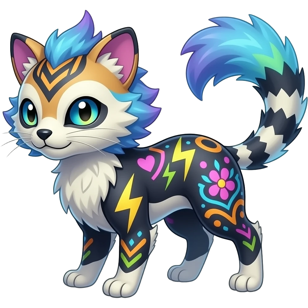 Colorful unique fantasy original shiny smooth soft flurry edgy cool Civet-Absol-Sprigatito-Vaporeon-Fakémon-hybrid with tribal chevron heart floral lightning bolt strikes damask paisley markings emoji