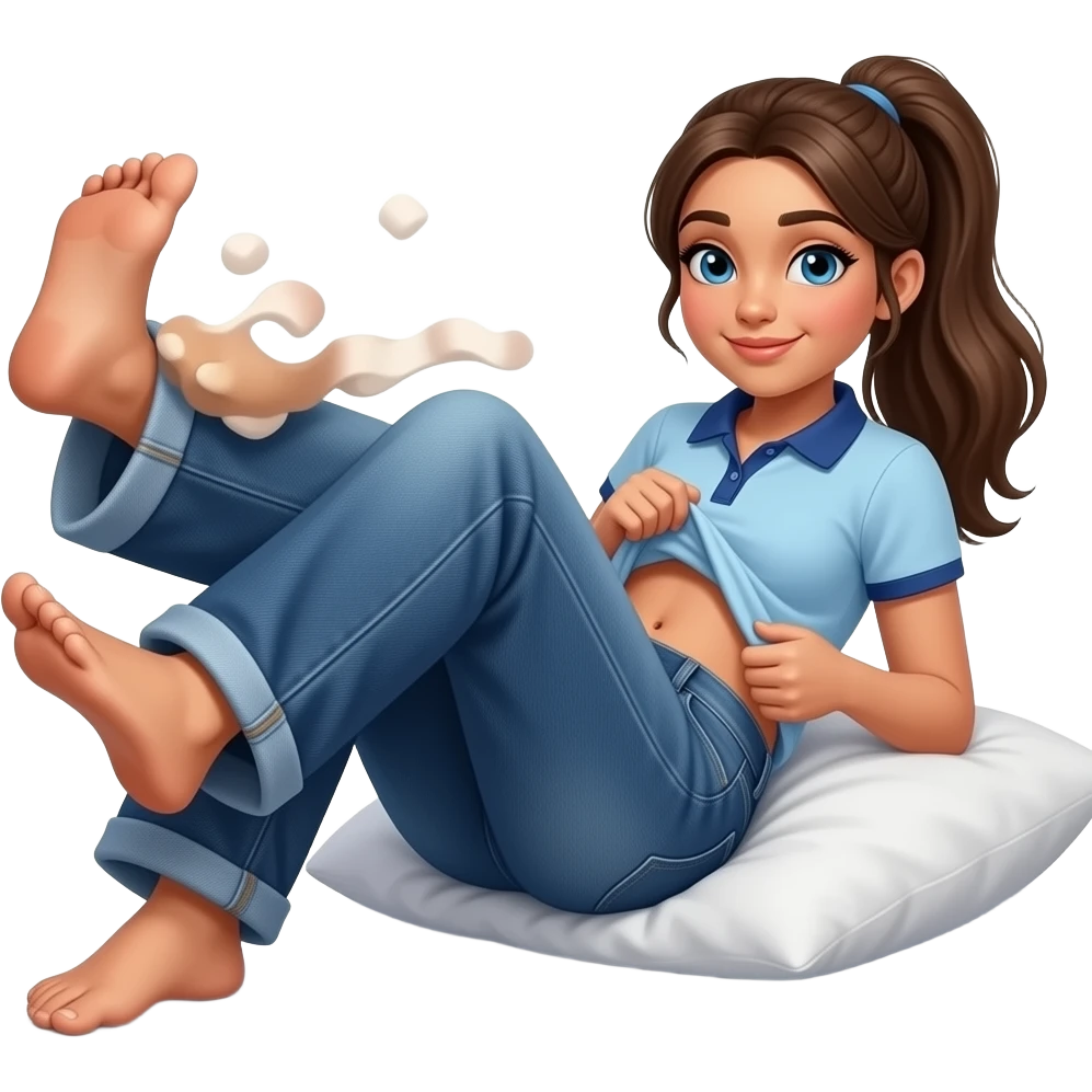 Hispanic girl with brown ponytail and blue eyes light blue and dark blue polo and dark blue baggy jeans and belly button laying down on her pillow on her bed showing her feet lifting her shirt emoji