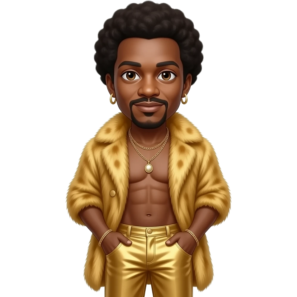 Maurice White with brown eyes, dark brown short afro hair, gold fur shawl, gold metallic baggy pants, shirtless with necklace and earrings emoji