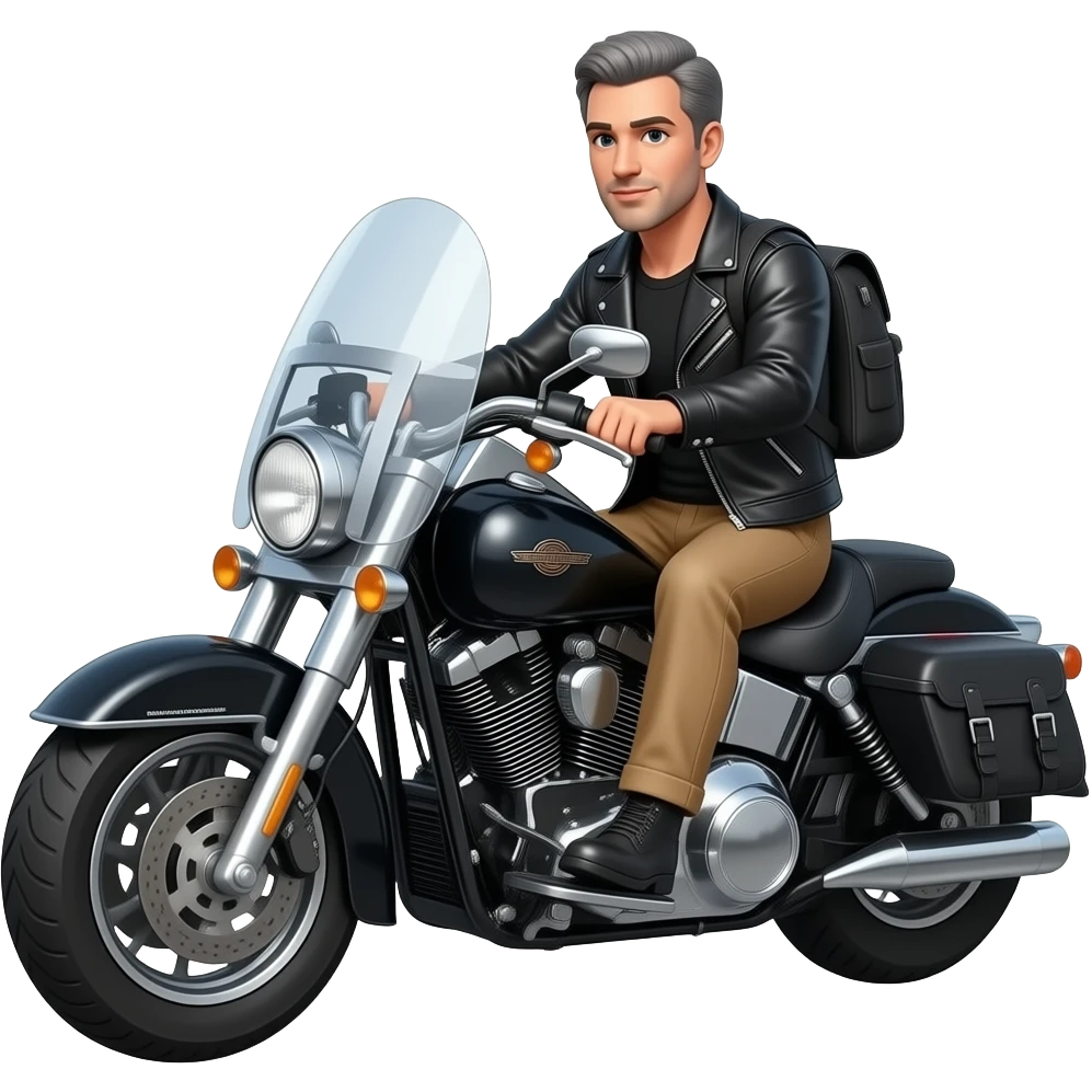 Gray and black short hair clean shaven man with no beard in black leather jacket and black shirt and tan pants riding on a harley with a windshield and saddlebags emoji