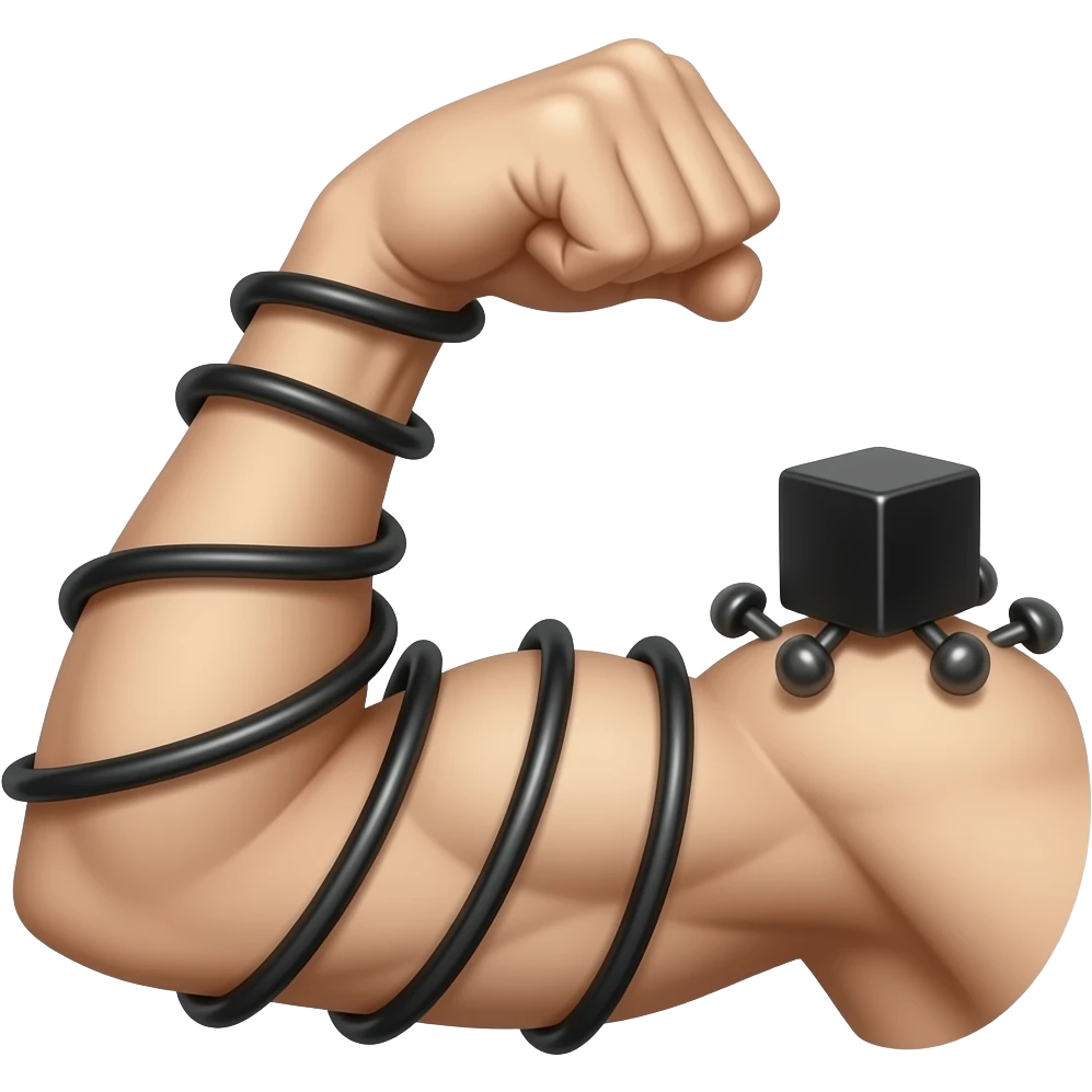 Flexed bicep with black phylacteries with stapes coming out of it, spiral wrapped around the arm with the black phylacteries cube on the top of the bicep💪➰⬛️ emoji