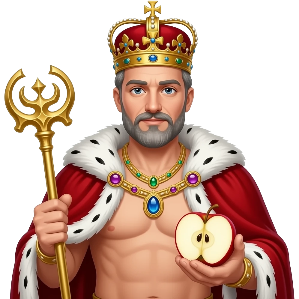 Portrait von einem König um die 40 mit leicht grauen Strähnen in den Haaren und Bart. er trägt eine prunkvolle königliche krone und Goldkette mit Edelsteinen. Er hat kein Hemd an aber ein weit geöffneter roter samt Umhang mit weißen Pelz. Er trägt ein Zepter und eine Reißapfel in den Händen emoji