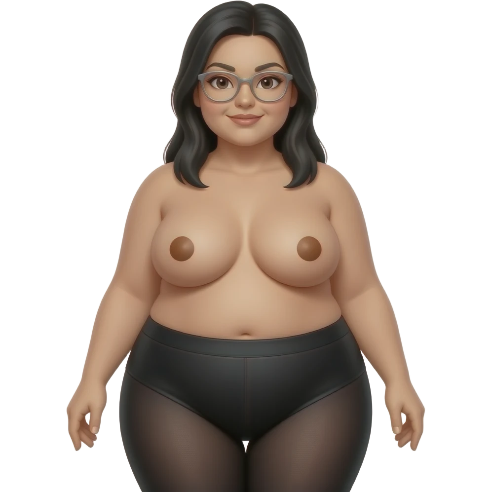 tanned fat chubby woman black long straight hair  with butt wearing black tights no shirt breasts out with round brown areolas round face with silver glasses emoji