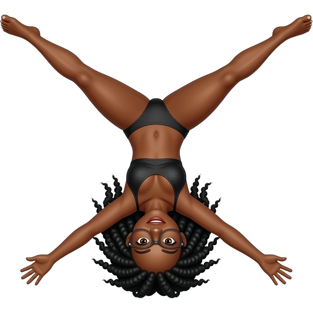 Black woman with black locs (with some gray) and glasses laying down with legs open and in the air in panties emoji