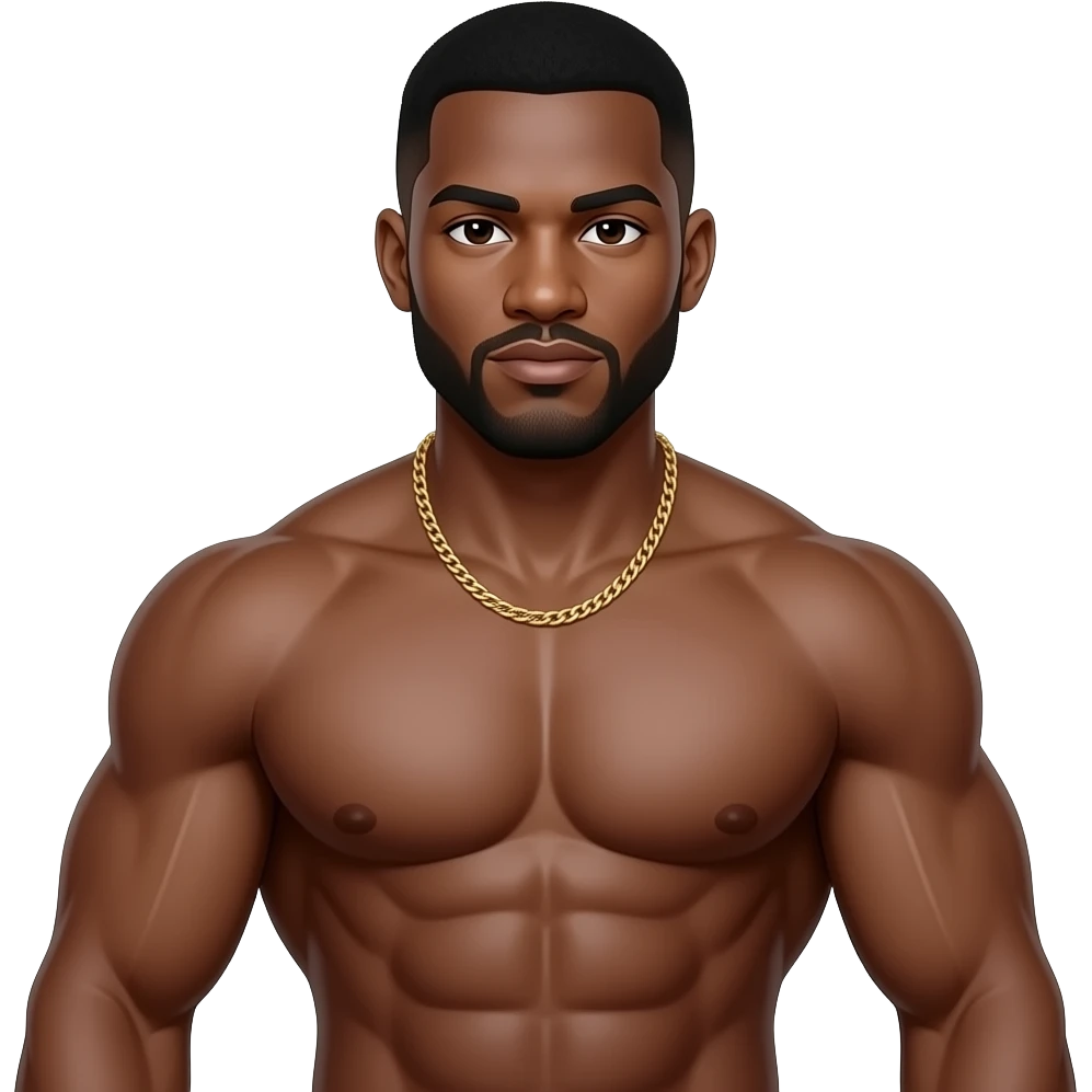 A medium shot captures a powerfully built Black man with a muscular physique, his chest and arms prominently displayed. He wears a simple gold chain around his neck. emoji