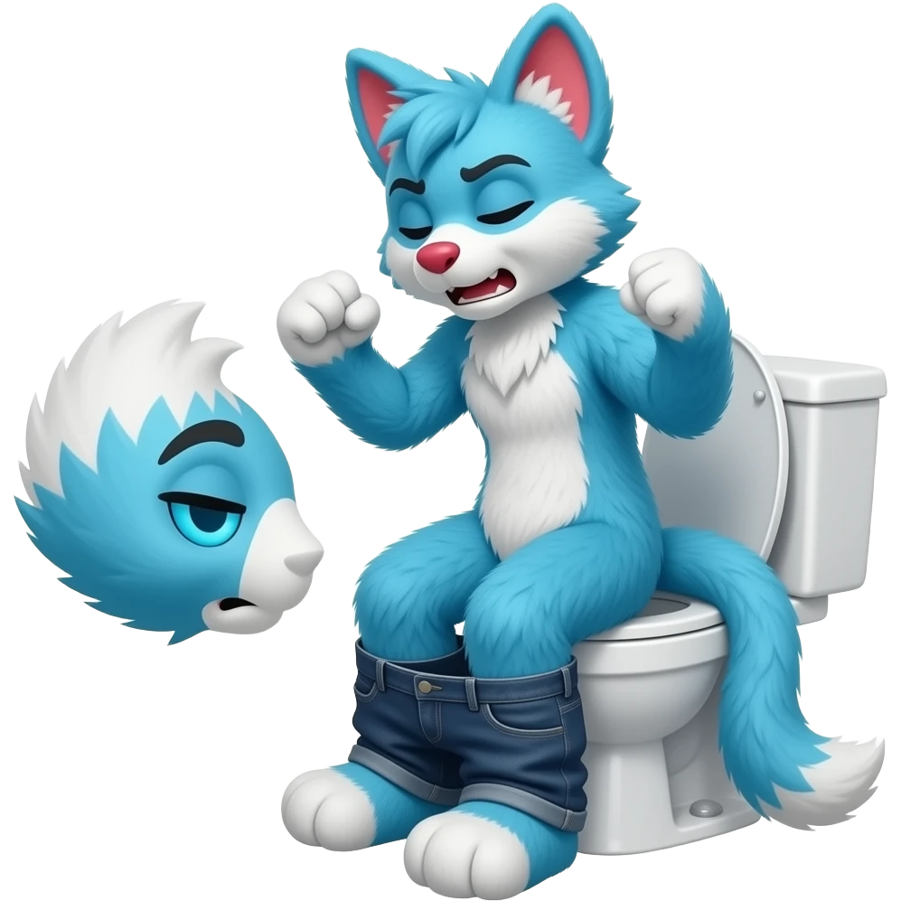 blue fursuit sitting on toilet, side view , pants down, pushing, eyes closed, straining face, fists, uncomfortable, red face emoji