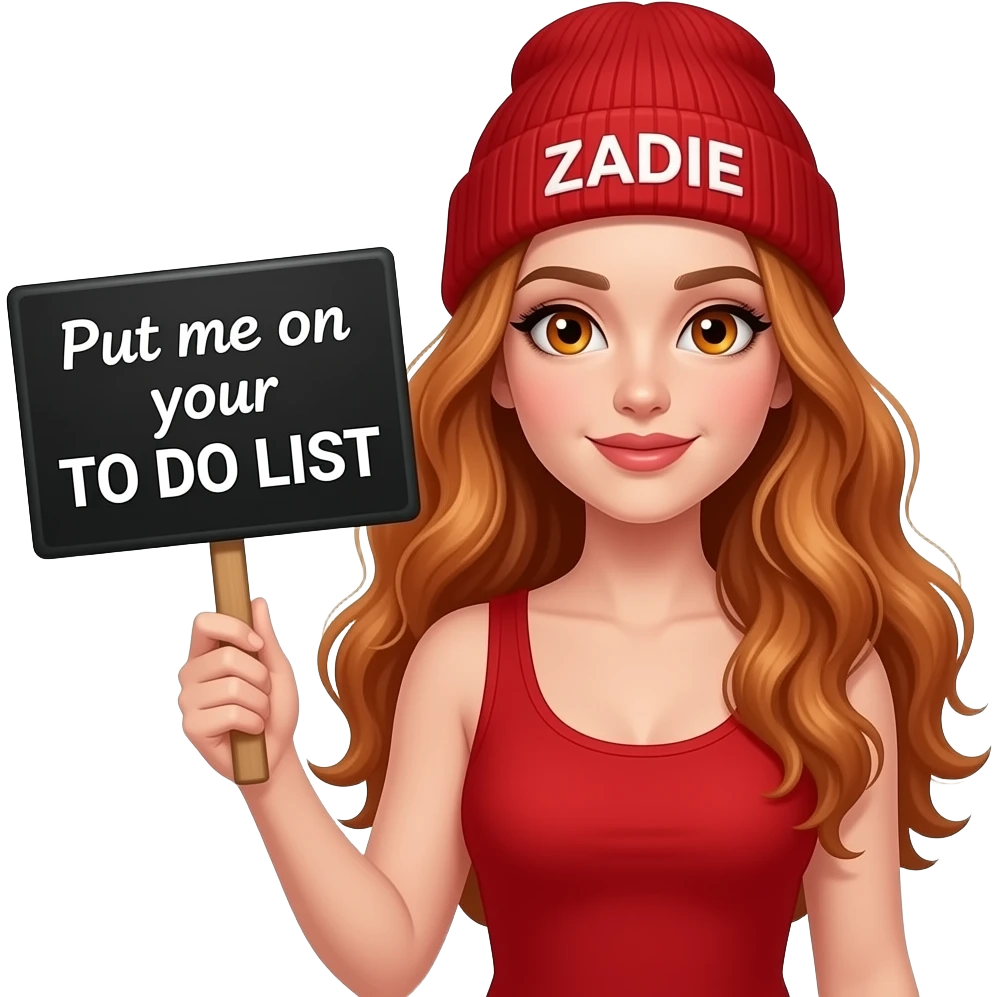 sexy girl with overlong wavy ginger hair and ginger eyes wearing a red tanktop and a red beanie with ZADIE written on it, is holding a black sign with Put me on your TO DO LIST written on it emoji