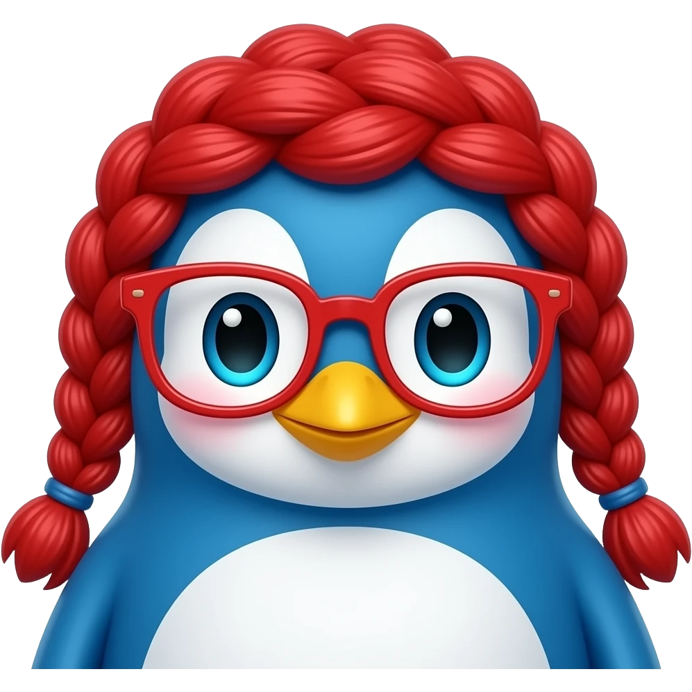 blue penguin with red very big  braided hair and red glassess, just face emoji