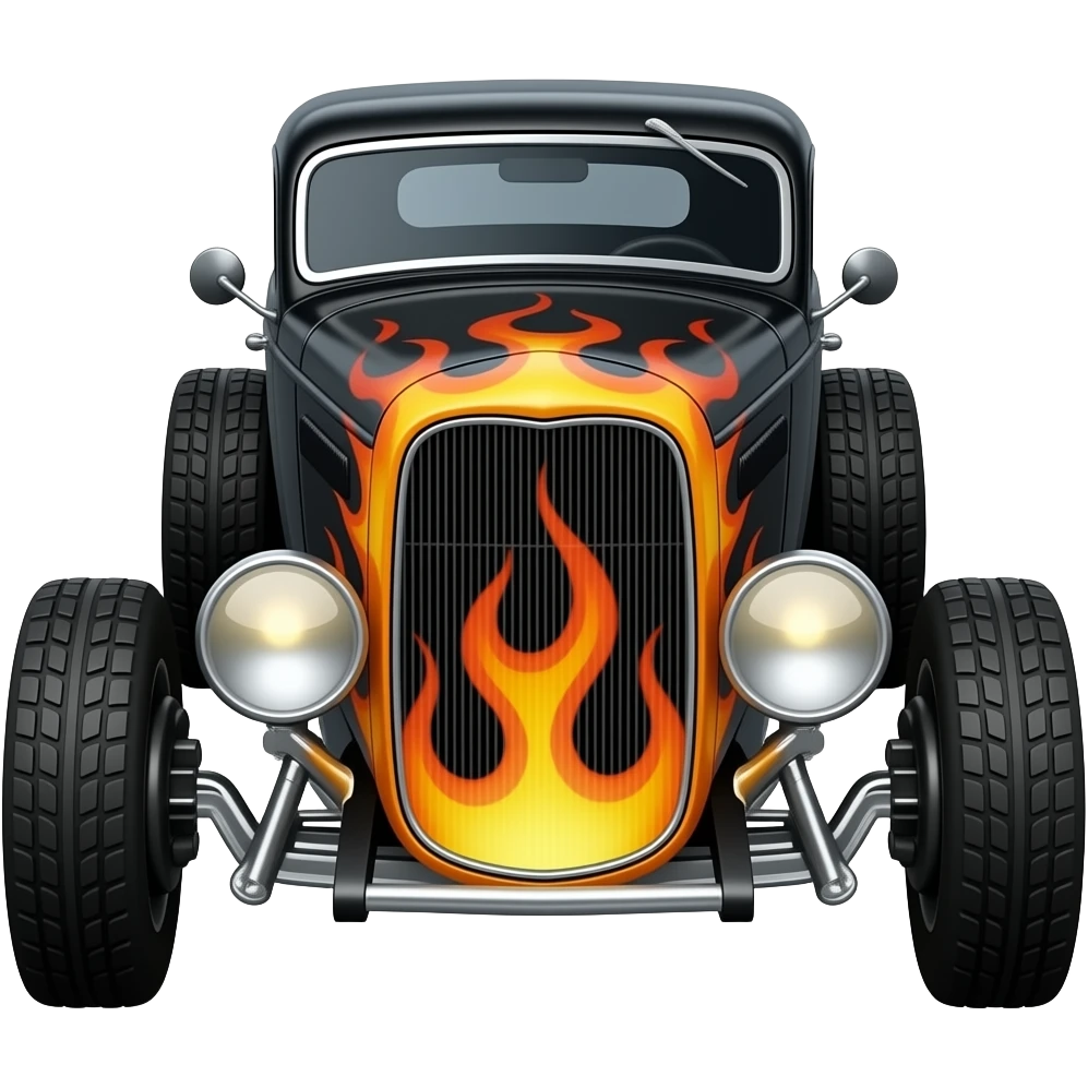 hotrod black with flames front, highly detailed, hyper realistic emoji