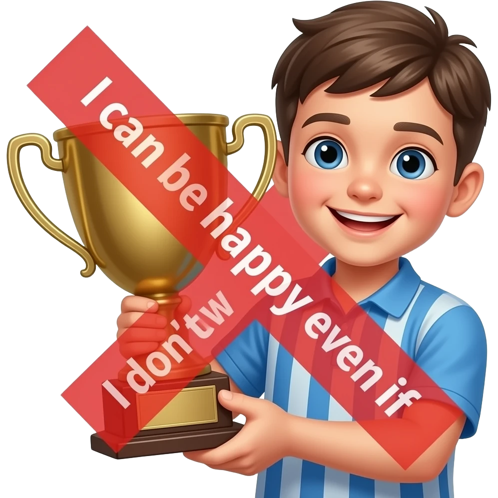 Un enfant garçon souriant, avec un trophée dans les mains. Par-dessus le trophée, faire un gros X rouge, ui dépasse le trophée. Message : Je peux être content même si je ne gagne pas. emoji