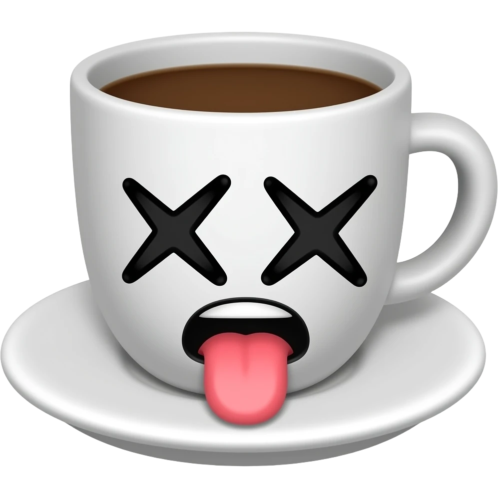 coffee cup animated with poisoned  eyes closed and mouth with revulsion sticking his tongue emoji