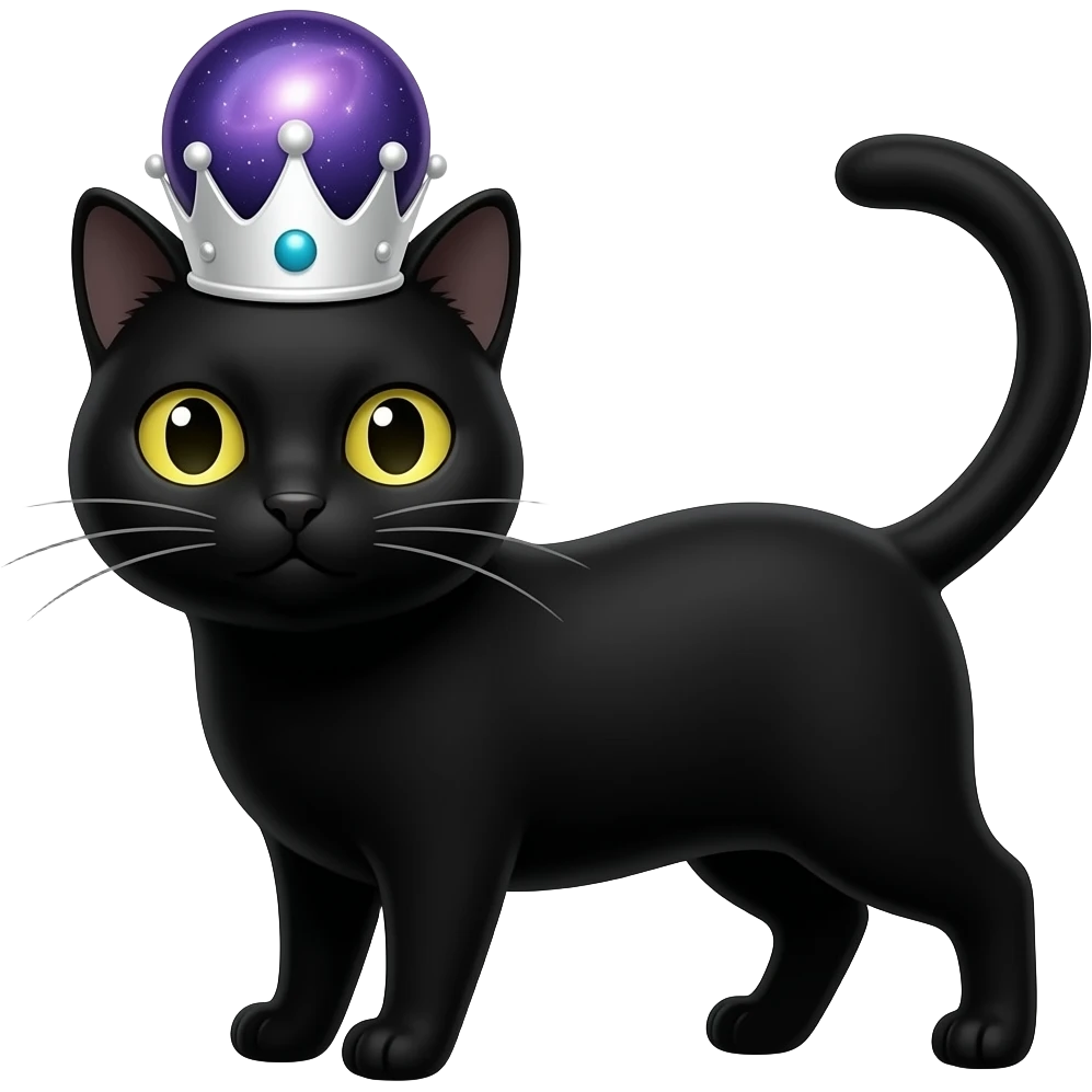 make a black cat with add a black and white crown and a purple galaxy crown on its head emoji