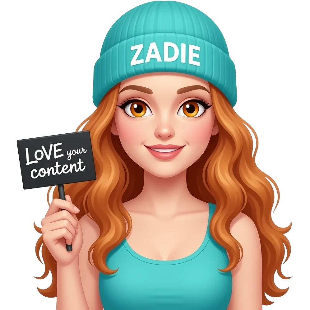 sexy girl with overlong wavy ginger hair and ginger eyes wearing a turquoise tanktop and a turquoise beanie with ZADIE written on it, is holding a black sign with LOVE your content written on it emoji