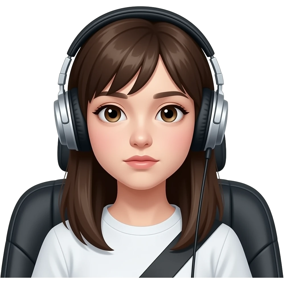 teen  girl in the  back seat headphones on, mysterious look, one head phone side off emoji