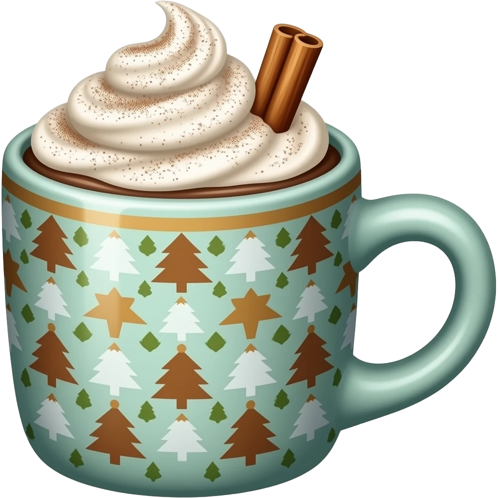 Decorated Christmas mug of hot chocolate with whipped cream and cinnamon emoji