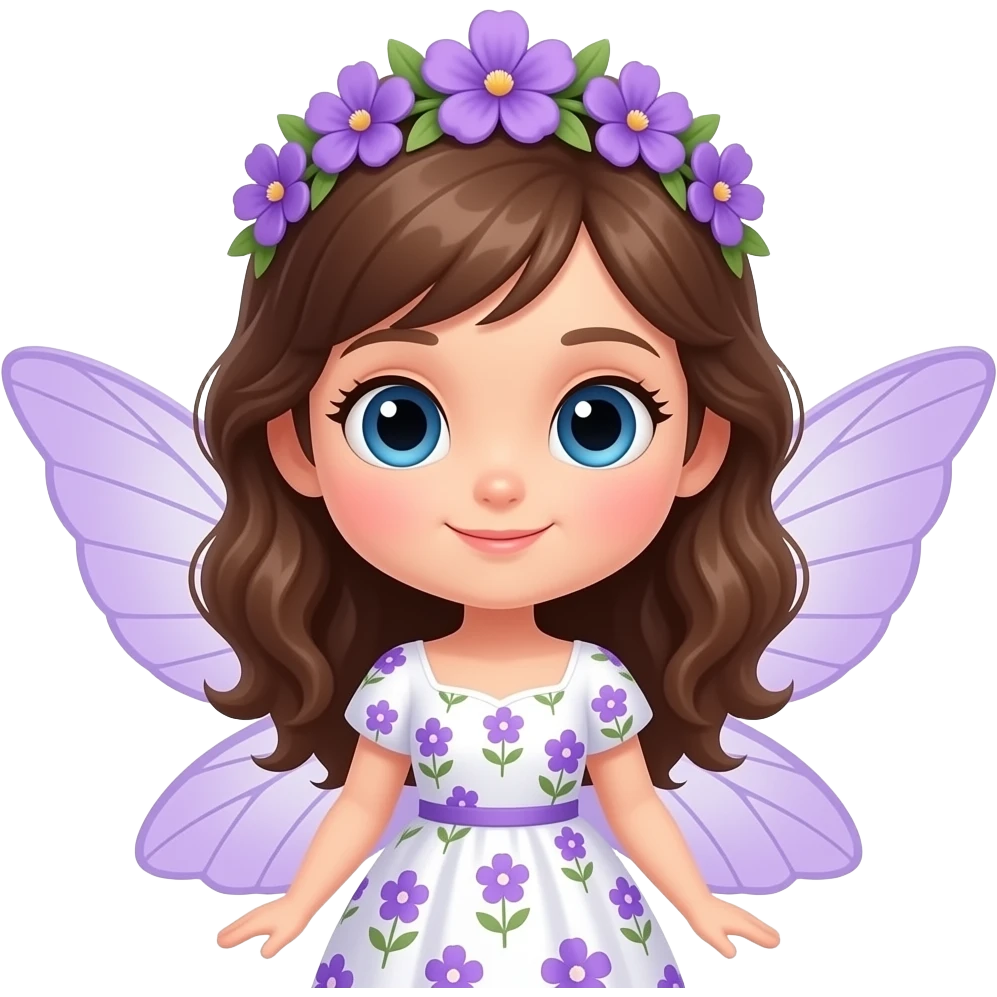 Cute cartoon fairy with large blue eyes and brown hair styled in soft, wavy locks reminiscent of violet petals in a violet flower crown, wearing a white dress with a delicate violet floral pattern, her translucent light violet wings spread emoji