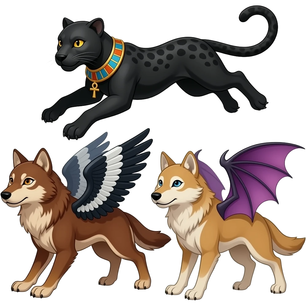an egyptian black panther leaping playfully with dark grey markings in its black fur and golden yellow eyes. an ankh necklace around its neck. Leaping at a russet brown wolf with black white and blue crow wings and orange eyes and a tan wolf with purplish draconic succubi wings and blue eyes emoji