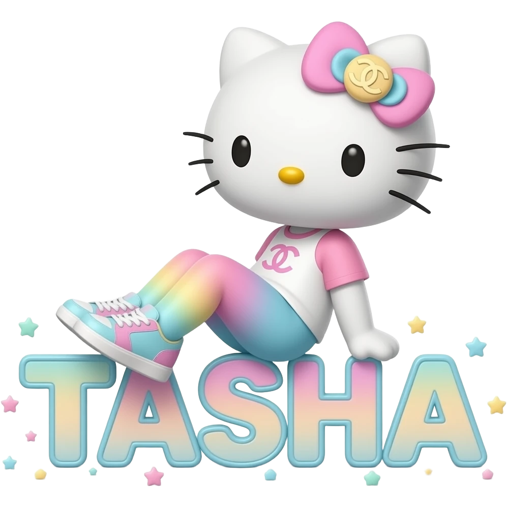4D Velvety fur hello kitty wearing ombre white and blue and pink yellow ombre pastel colored leggings and sneakers, and with the Chanel symbol on her ombre pastel bow sitting sideways leaning back on top of the velvety 3D outlined letters TASHA surrounded with tiny ombre pastel stars made of candy emoji
