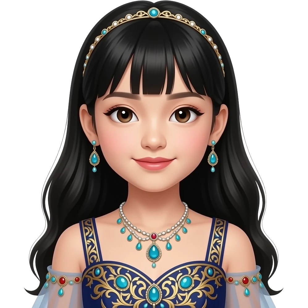 A 11 year old Chinese girl long black hair wearing make up in a fancy dress and wearing a lot of jewellery emoji