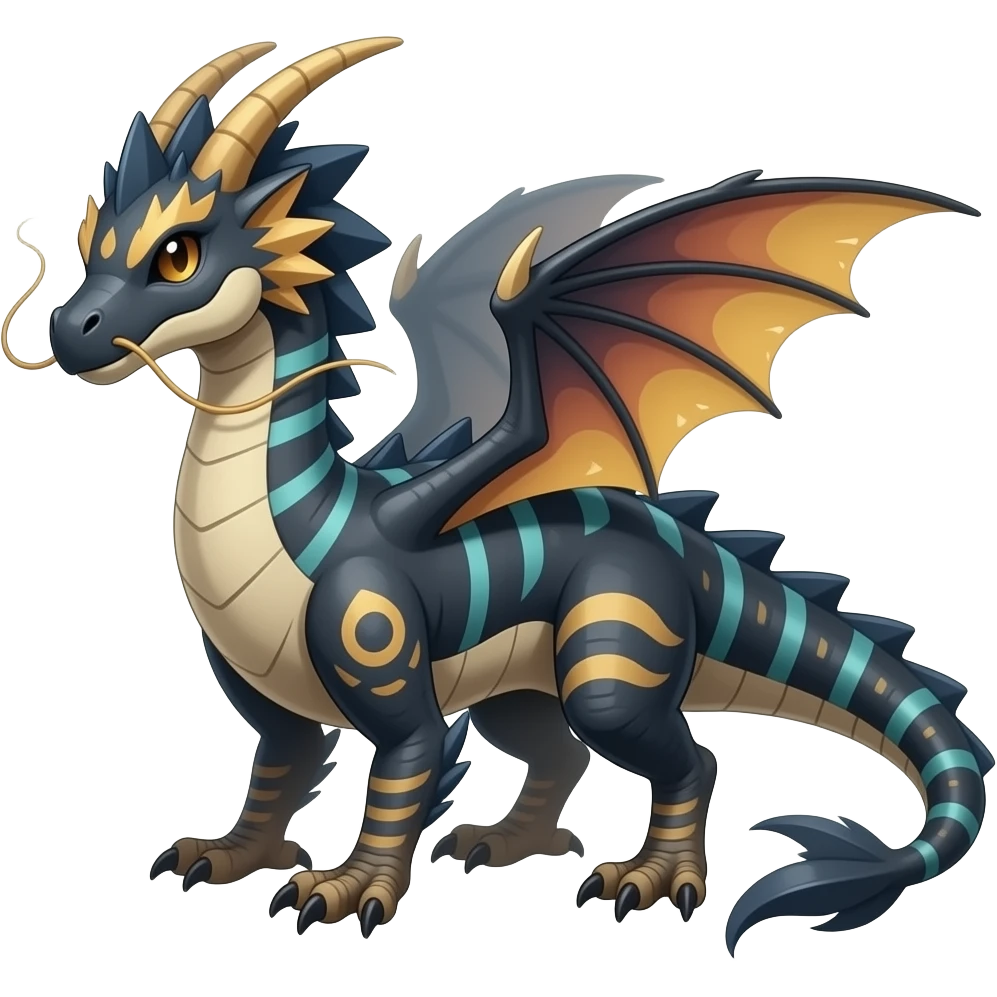 scaly shiny frilled spiky frilly feathery raptorik finned patterned tribal-patterned digitigrade quadrupedal Vaporeon-Salandit-Umbreon-Salamence-hybrid with long thin dragon whiskers emoji