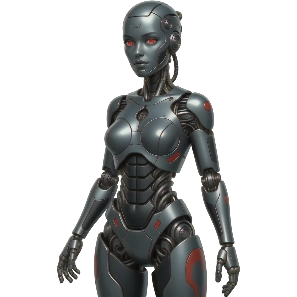A mechanical woman made of dark gray steel with black and red markings,no human features, only robot features, entire body, sexy pose, robot face, full body pose emoji