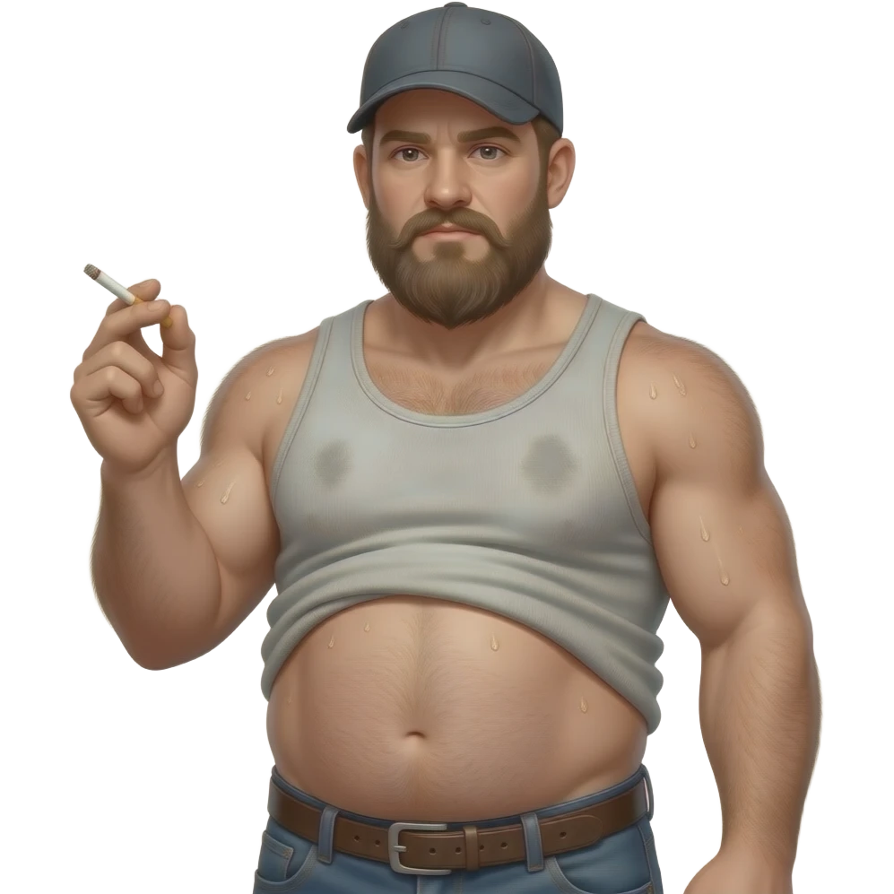 Erstelle ein Portrait von einem nackten Trucker, Körper stark behaarten, ein über den Bauch gezogenes, verschwitztes hellgraues, dreckigen enges tangtop, wo der runde dicke Bauch raus hängt. er hat ein langen Bart und einen altes basecap und er hält eine Zigarette in der Hand emoji