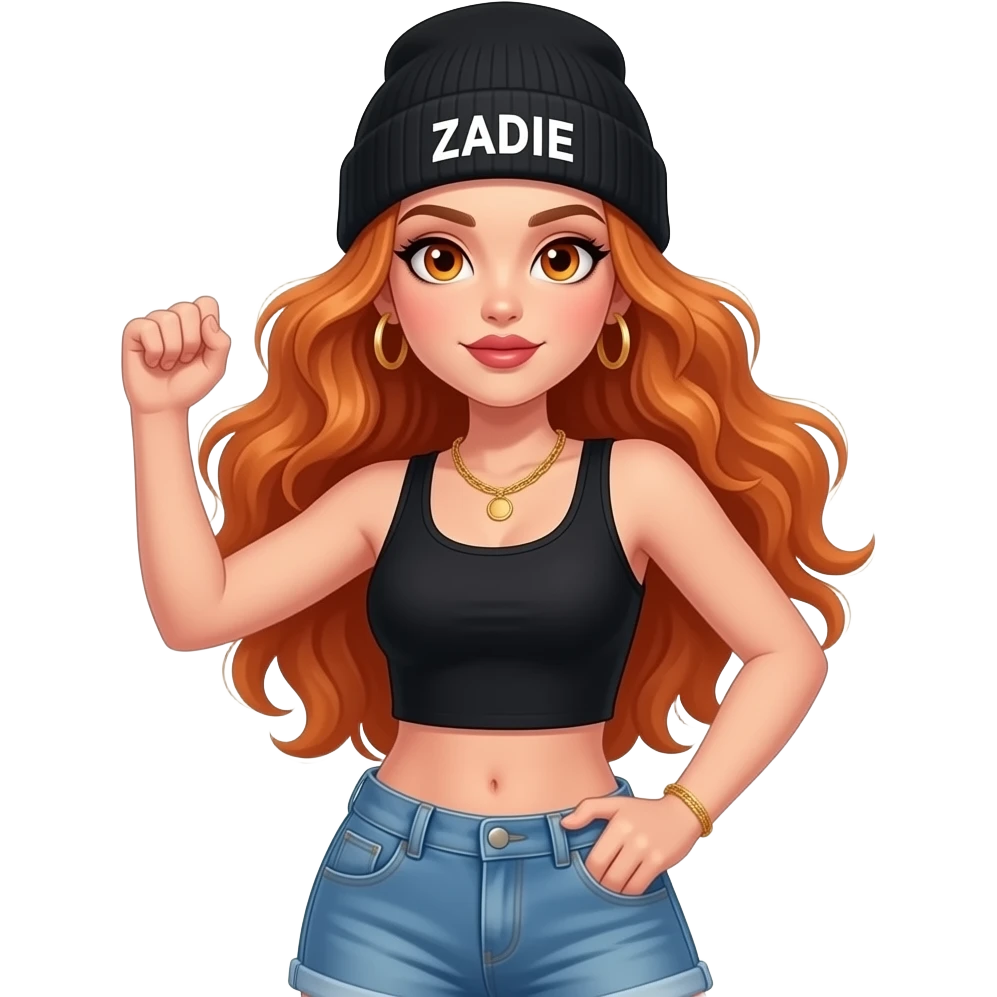 sexy girl with overlong wavy ginger hair and ginger eyes wearing a black tanktop and a black beanie with ZADIE written on it, is dancing in hip hop clothes emoji