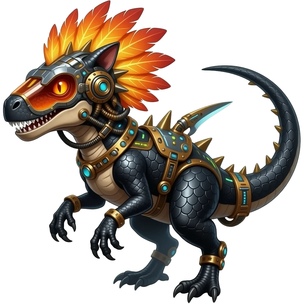 Cool edgy fiery cybernetic electrical visor-helmeted, Circuitry-patterned black-scaled digitigrade futuristic raptorik fantasy-Cyberpunk-Steampunk-Solarpunk-Genesect-Cyclizar-Salazzle-Protogen-Fakémon-animal-hybrid, with neon feather-mane, and a tail blade, back spikes emoji