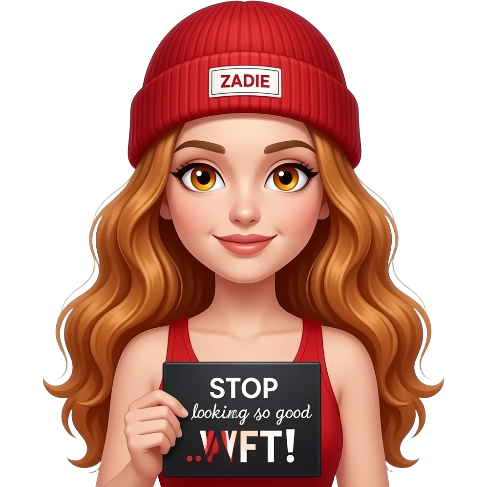 sexy girl with overlong wavy ginger hair and ginger eyes wearing a red tanktop and a red beanie with ZADIE written on it, is holding a black sign with STOP looking so good... WTF! written on it emoji
