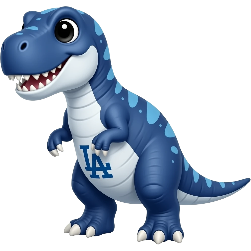dodgers LA logo on his white belly deep blue dinosaur cute, and white nails, with black and white eyes emoji