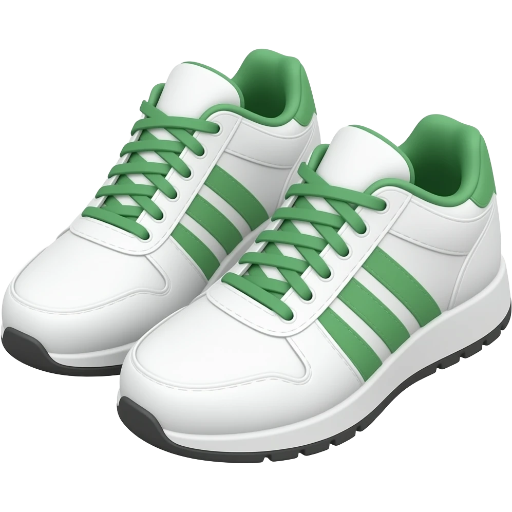Apple iOS style pair of white pickleball sneakers emoji, glossy 3D sports shoes, white body with green shoelaces and green accents, minimal sporty design, smooth shading, ultra detailed, clean background, premium iOS emoji aesthetic emoji