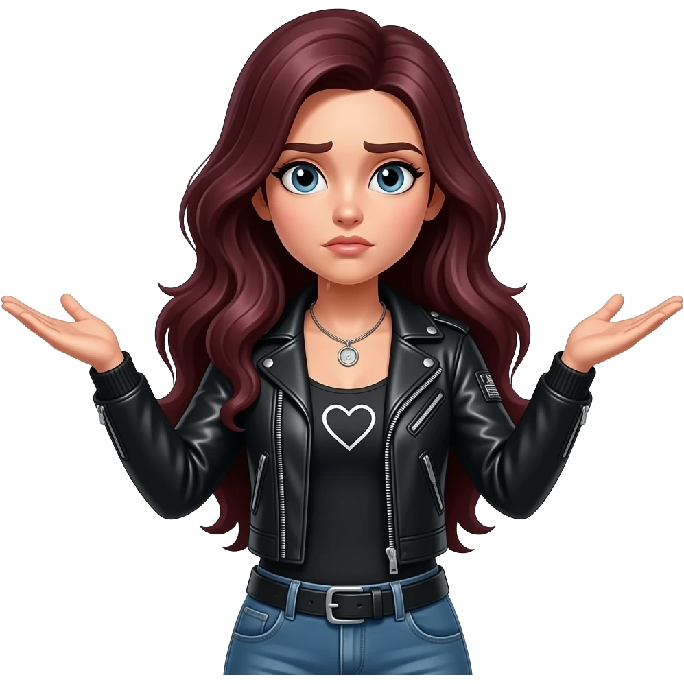A female Harley rider with long mahogany-coloured hair, dressed in biker gear, with a heart On jacket, hands out to her side bent flat handed up in a What question?.  Face looks confused emoji