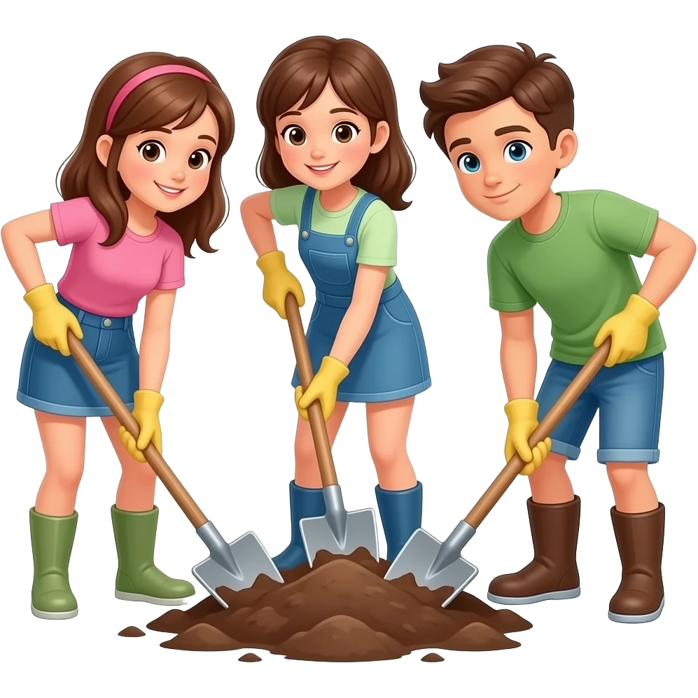a team consisting of 3 girls and 2 boys digging some dirt emoji