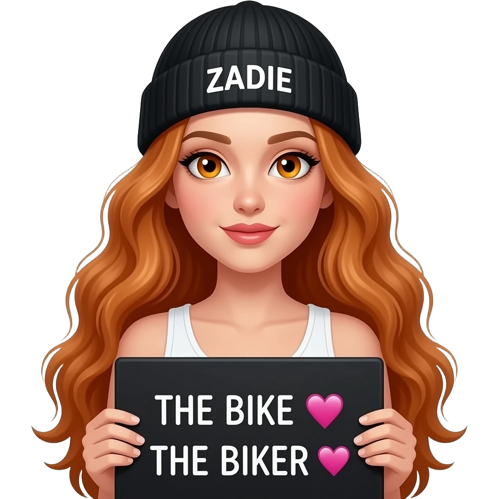 sexy girl with overlong wavy ginger hair and ginger eyes wearing a white tanktop and a black beanie with ZADIE written on it, is holding a black sign with THE BIKE 💗 THE BIKER 💗 written on it emoji