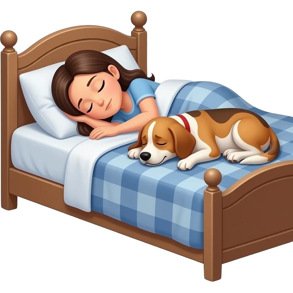 Una mujer durmiendo en una posición muy incómoda al borde de la cama porque su perro está durmiendo cómodamente ocupando todo el espacio. La mujer se ve cansada pero feliz de no molestarlo. Escena divertida y adorable. emoji