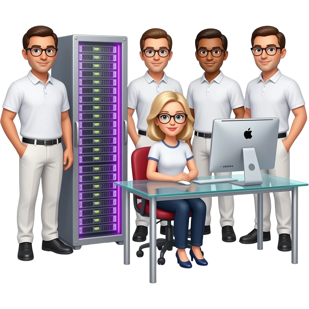 The background is white and blurred, in the background is a silver server cabinet with purple lighting, a glass table, and an imac computer, next to it are men with glasses, dressed in white pants and a polo shirt, and an attractive girl, a blonde with glasses, is sitting at the table, emoji