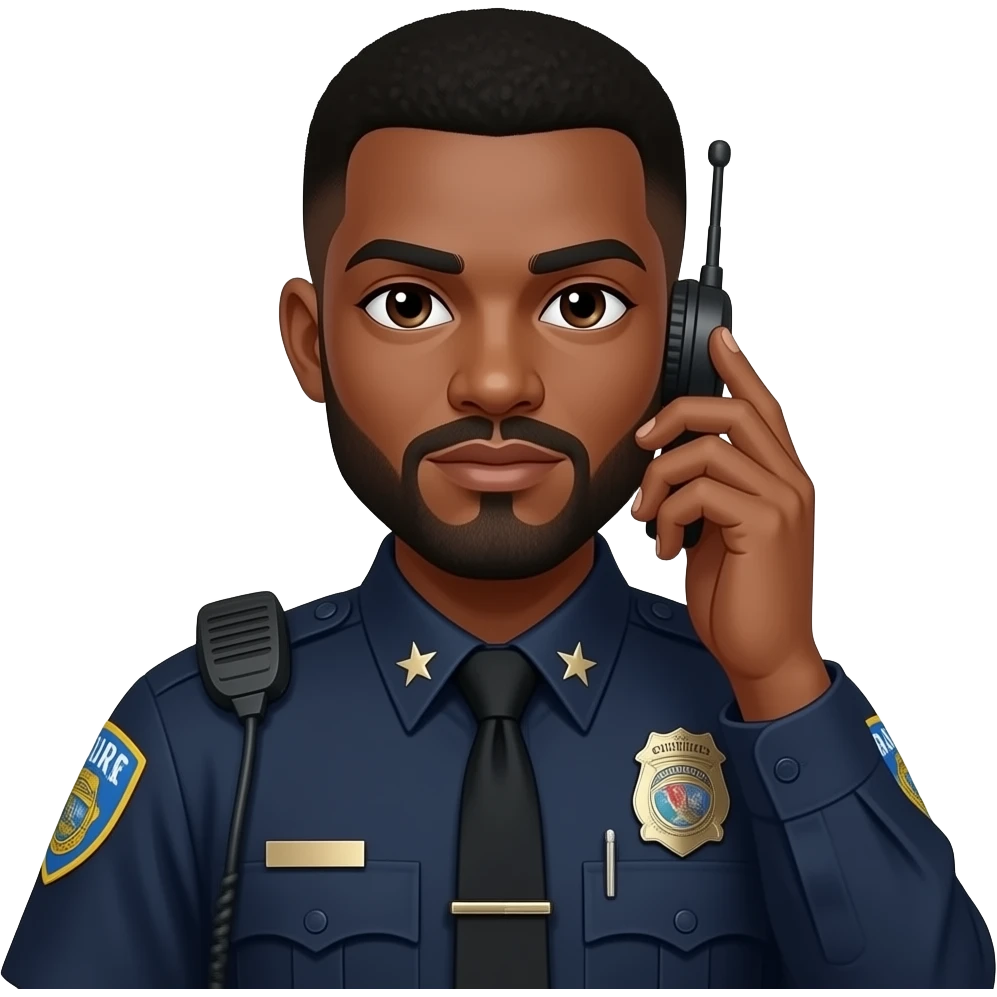 medium complexation black officer with beard and mustache and tapper haircut and BART police uniform take off the stars off the collar and radio' emoji