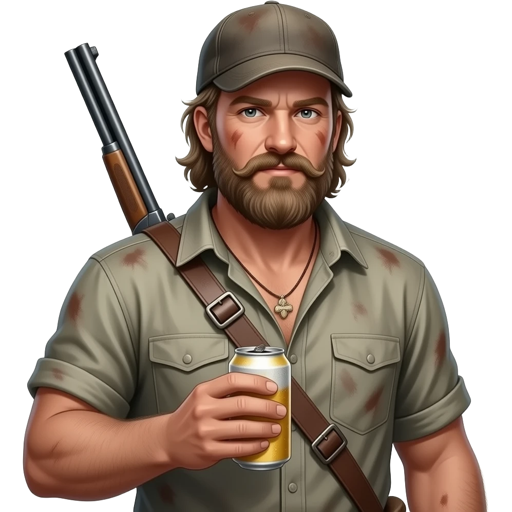 Portrait von einem nackten, typisch Aussehender redneck mit alten cap. Er ist maskulin, behaart. Seine Haut ist staubig und dreckigen und verschwitzt. Er trinkt aus einer Bierdose und hat eine Schrotflinte um seinen Rücken umgehängt. Er hat ein ungepflegten, zottligen lange Bart. emoji