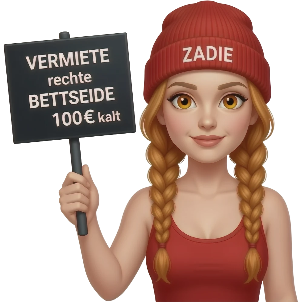 sexy girl with overlong ginger braids and ginger eyes wearing a red tanktop and a red beanie with ZADIE written on it, is holding a black sign with VERMIETE rechte BETTSEITE 100€ kalt written on it emoji