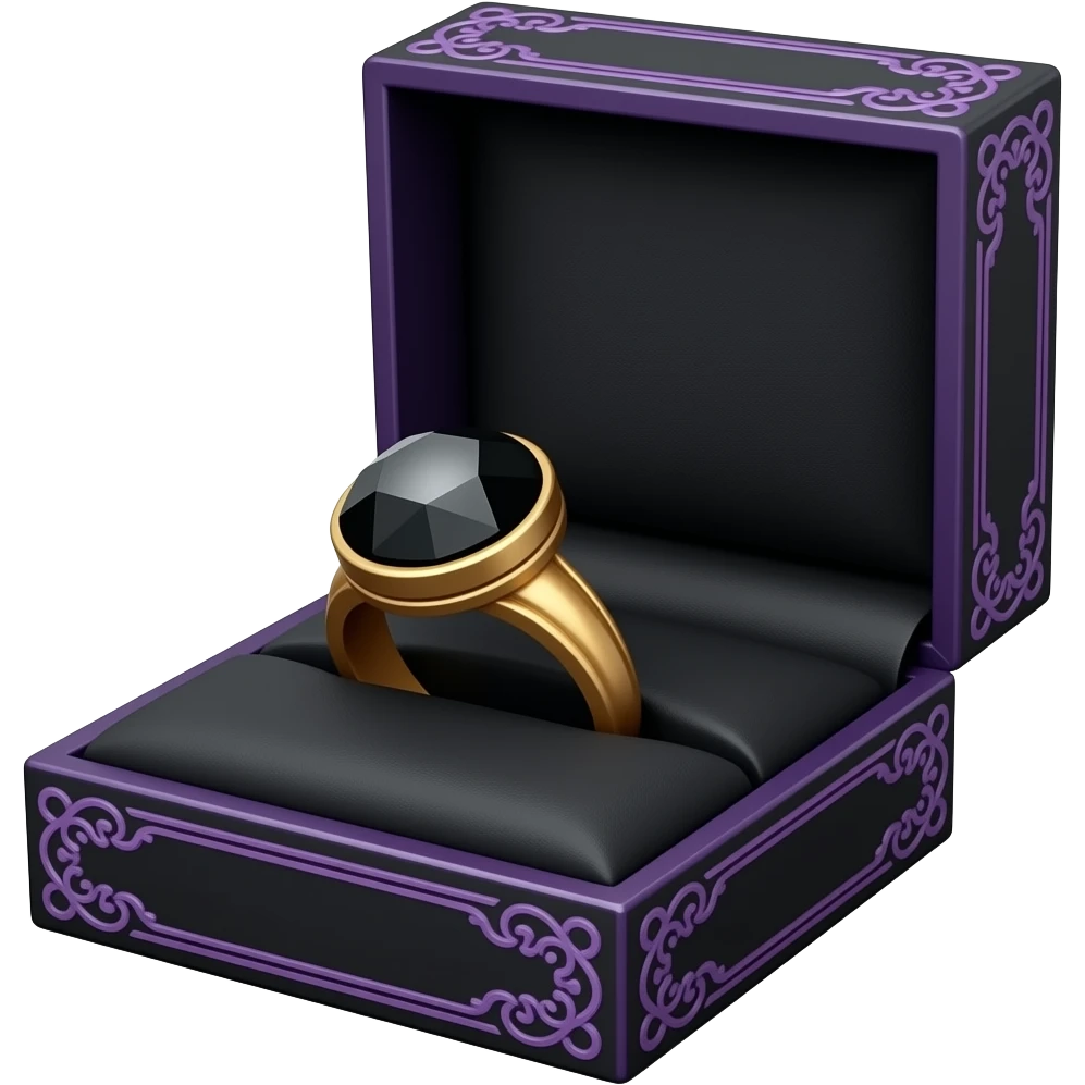 Obsidian gem black woman's ring in a black box with purple ornate trim emoji